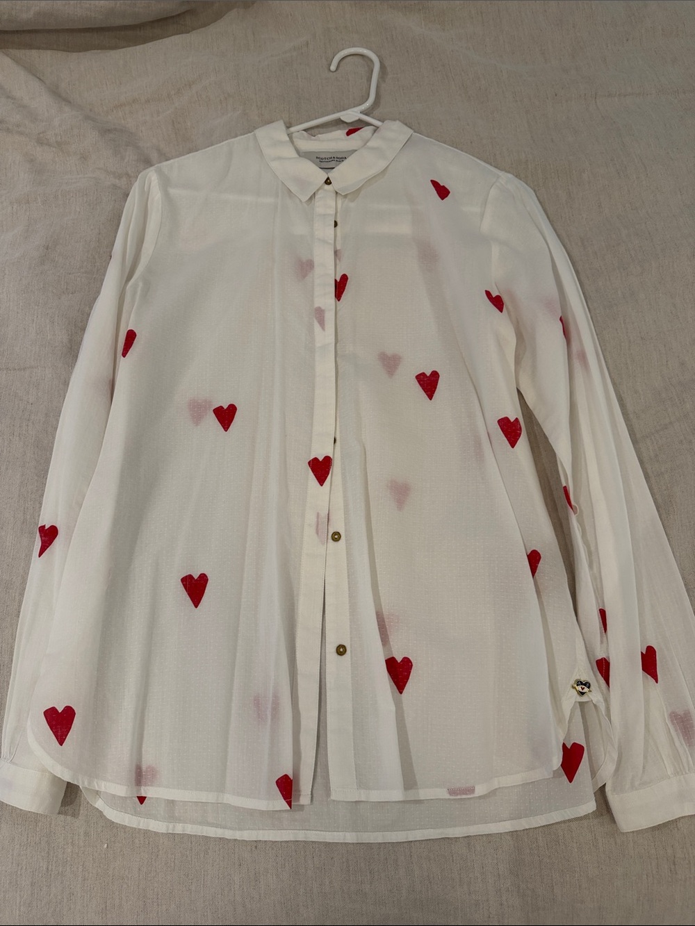 Scotch & Soda White Button-Down Blouse with Red Heart Print